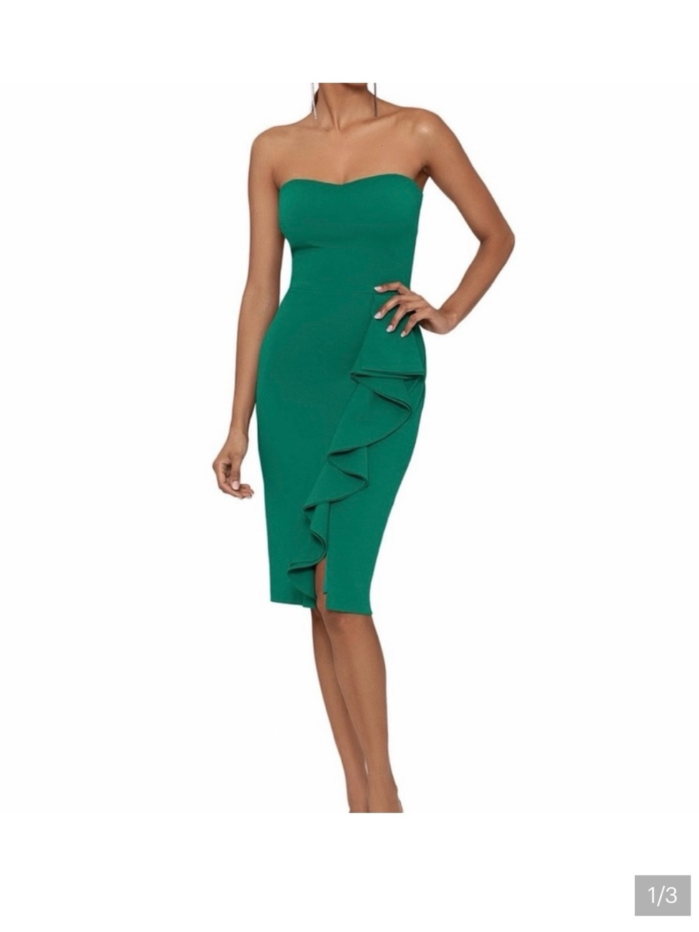 Betsy & Adam Strapless Ruffle Sheath Dress in Emerald